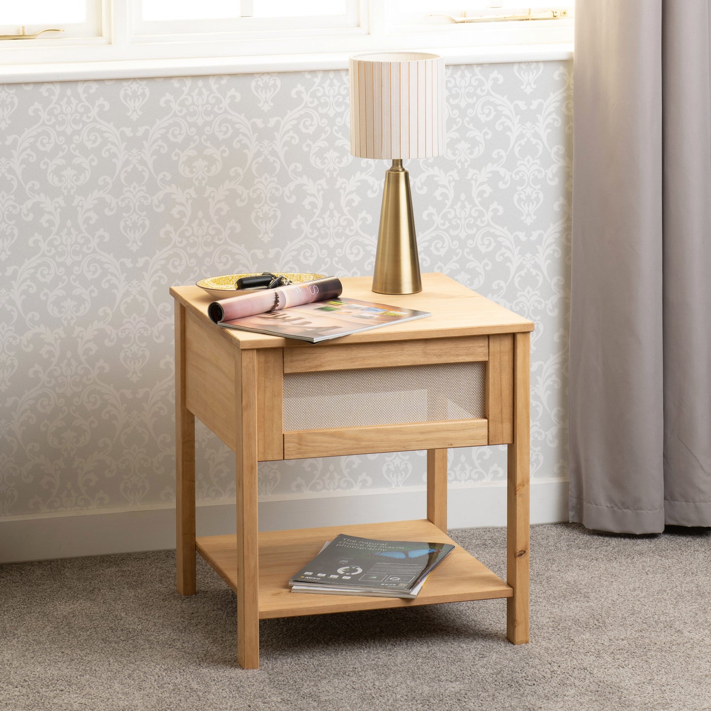 Corona Rattan Side Table - Distressed Wax Pine/Rattan Effect