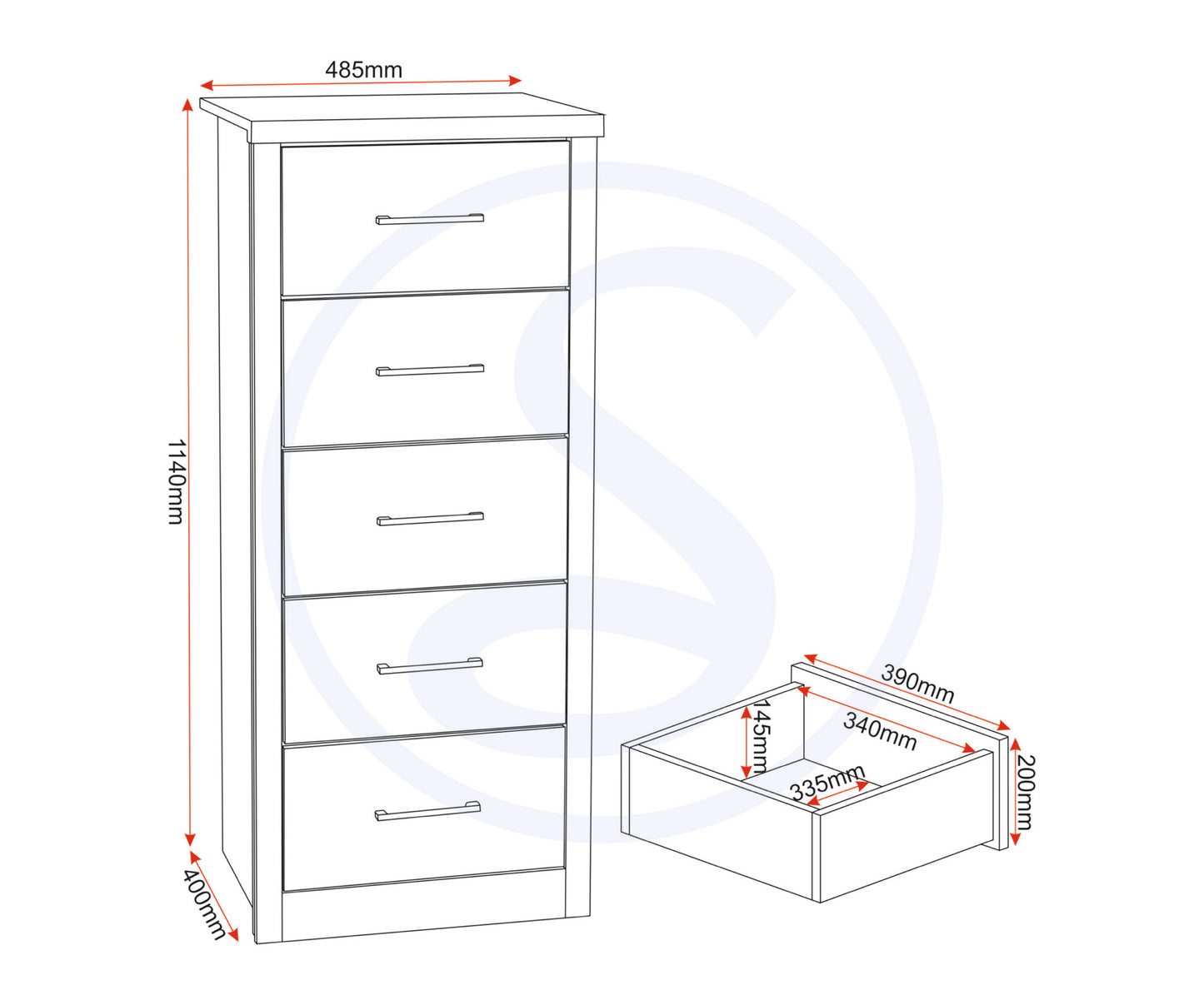 Lisbon 5 Drawer Narrow Chest - Black Wood Grain