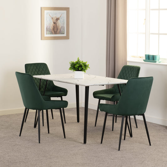 Marlow & Avery Dining Set (X4 Chairs) - White Marble/Emerald Green Velvet