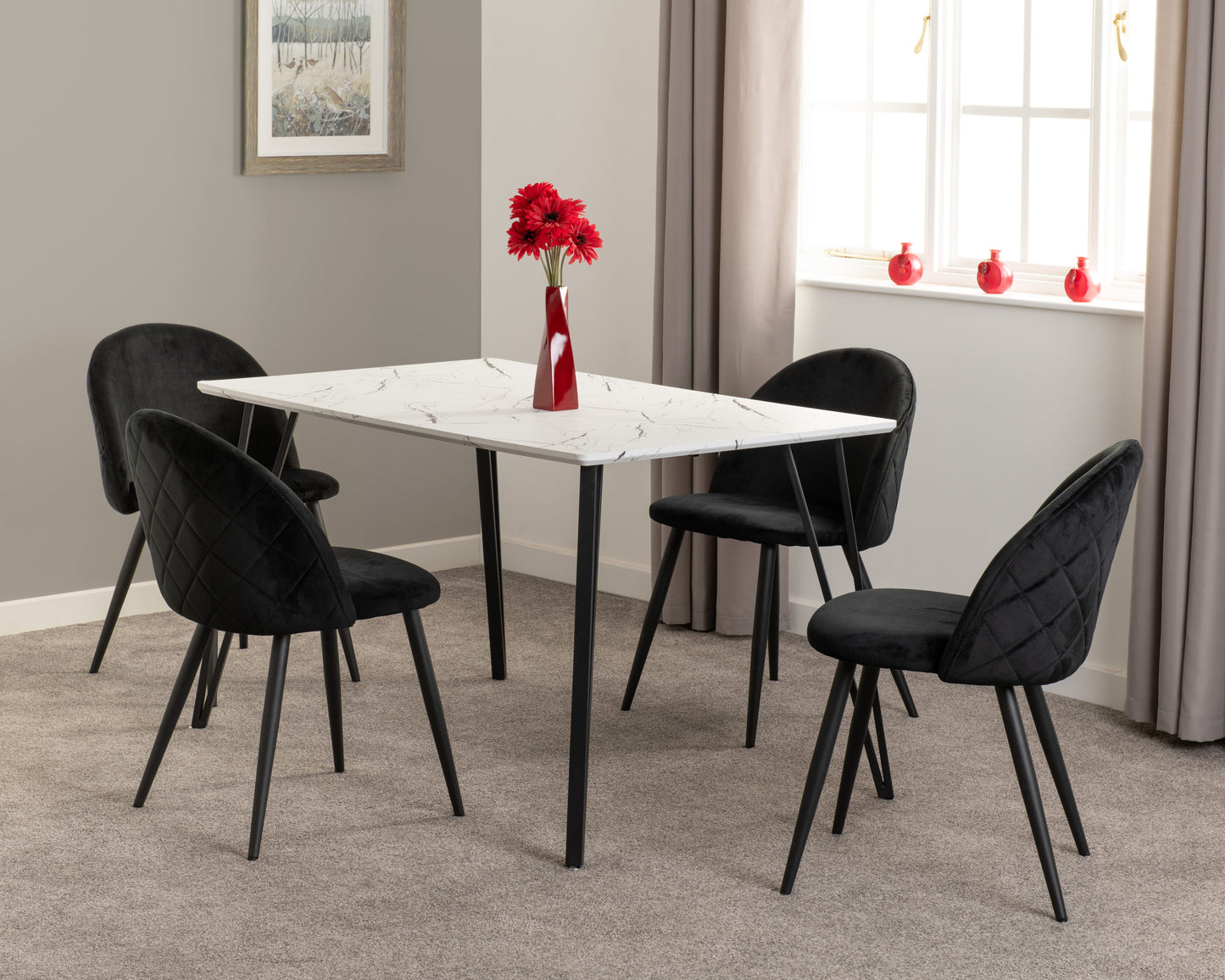 Marlow Dining Set (X4 Chairs) - White Marble/Black Velvet