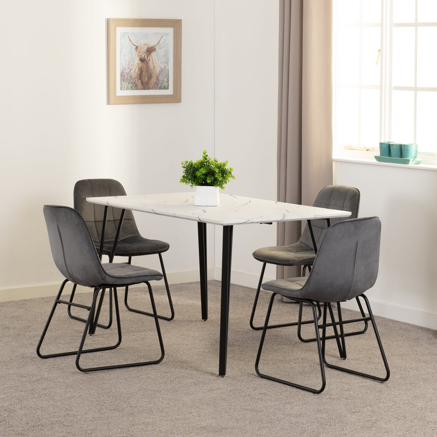 Marlow & Lukas Dining Set (X4 Chairs) - White Marble/Grey Velvet