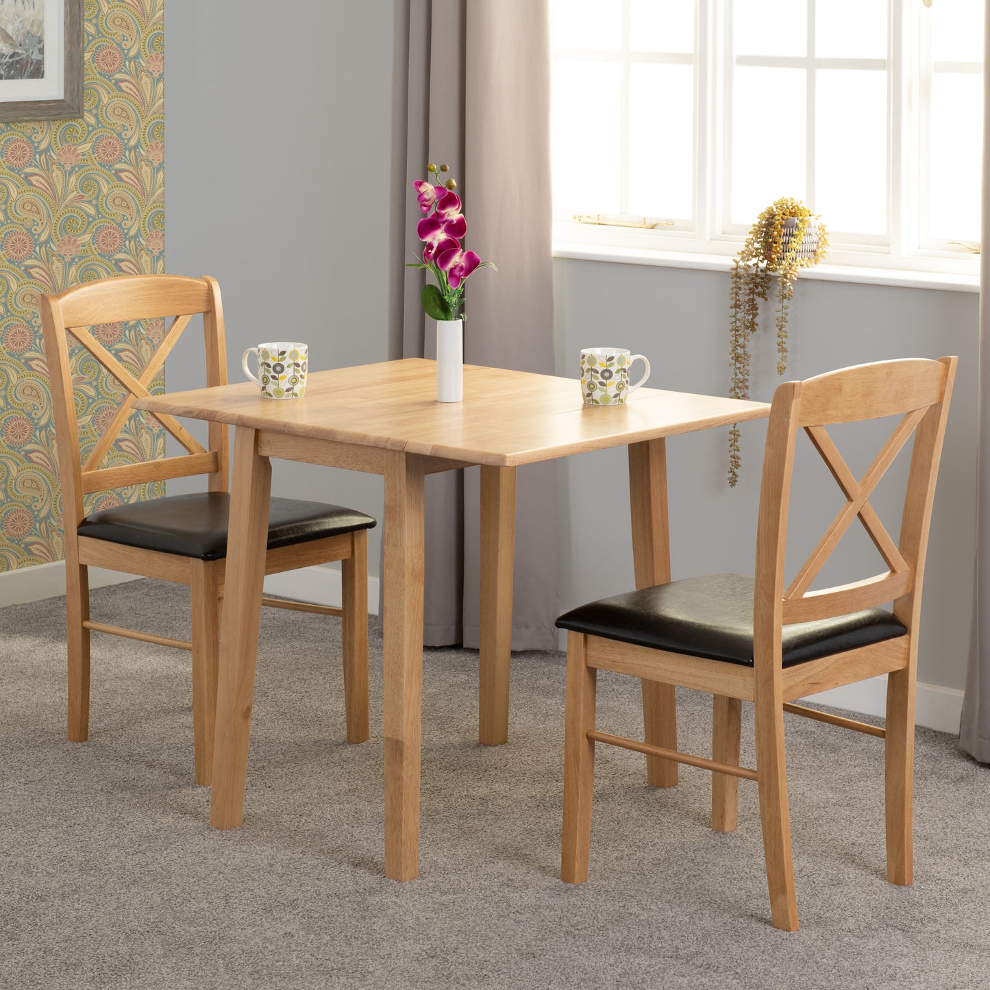 Mason Double Drop Leaf Dining Set (X2 Chairs) - Oak Varnish/Brown Pu