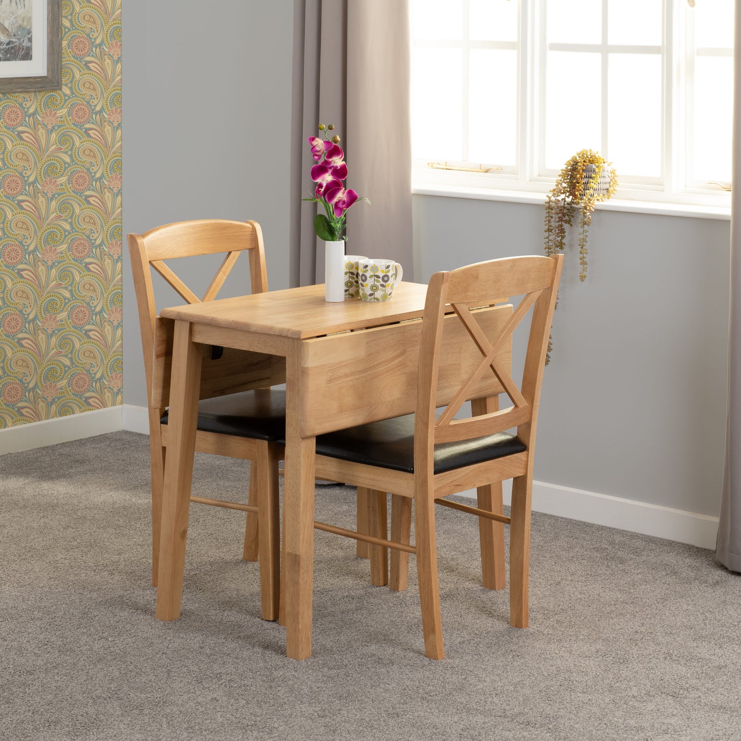 Mason Double Drop Leaf Dining Set (X2 Chairs) - Oak Varnish/Brown Pu