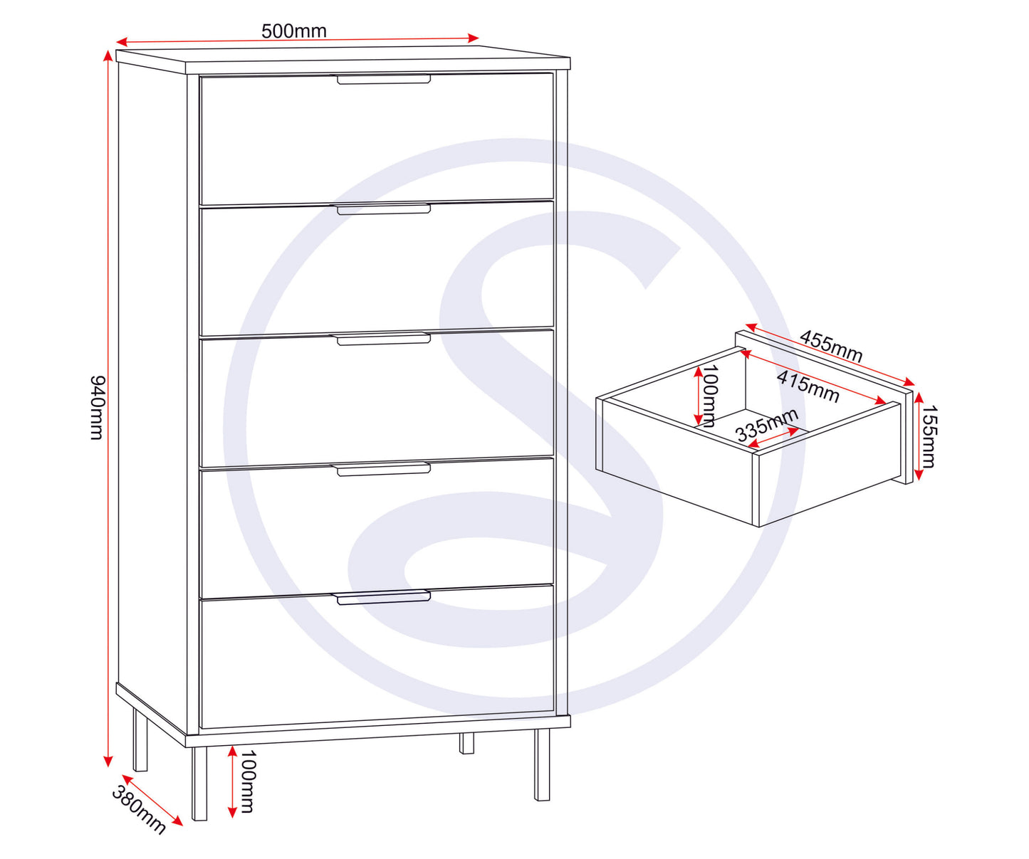Madrid 5 Drawer Narrow Chest - Grey/White Gloss