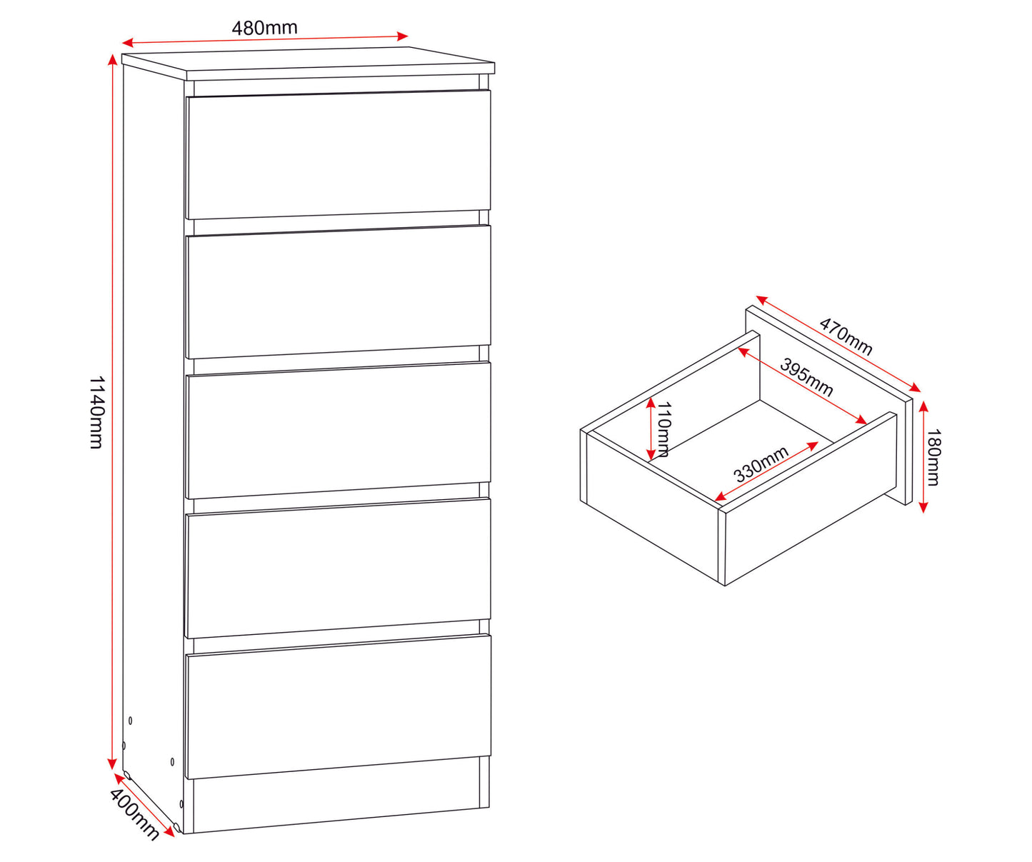 Malvern 5 Drawer Narrow Chest - Urban Snow