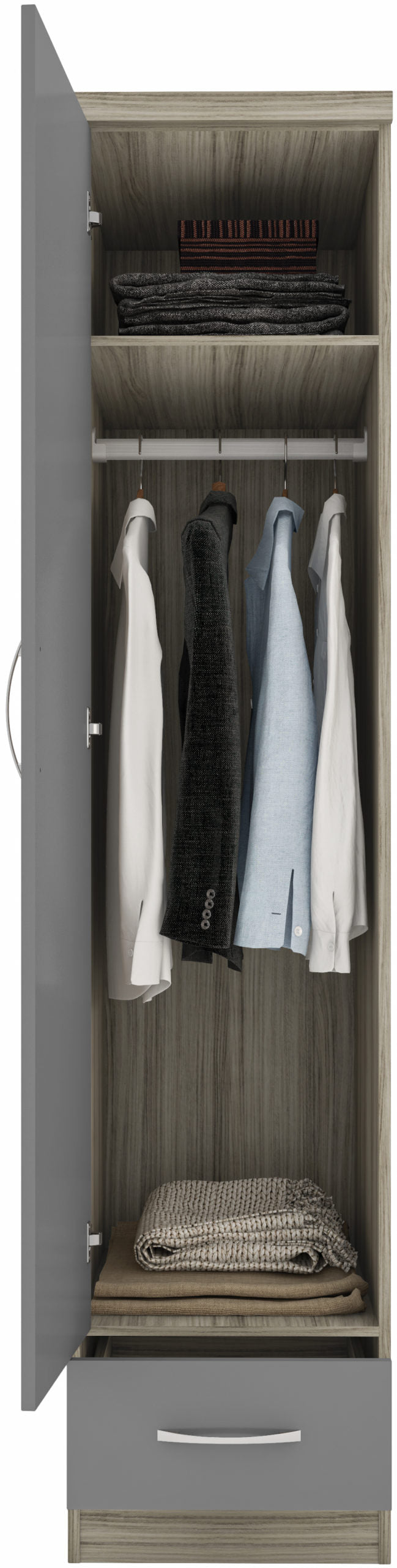 Nevada 1 Door 1 Drawer Wardrobe - Grey Gloss/Light Oak Effect Veneer