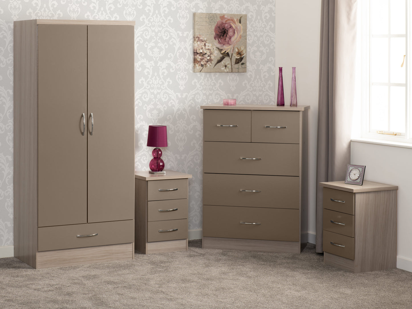 Nevada 2 Door 1 Drawer Wardrobe Bedroom Set - Oyster Gloss/Light Oak Effect Veneer