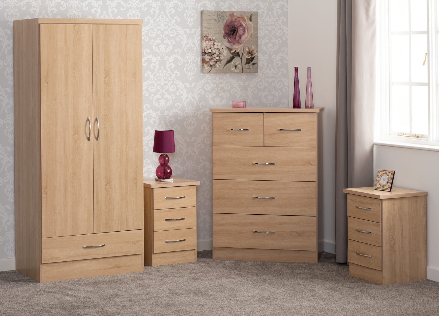 Nevada 2 Door 1 Drawer Wardrobe Bedroom Set - Sonoma Oak Effect