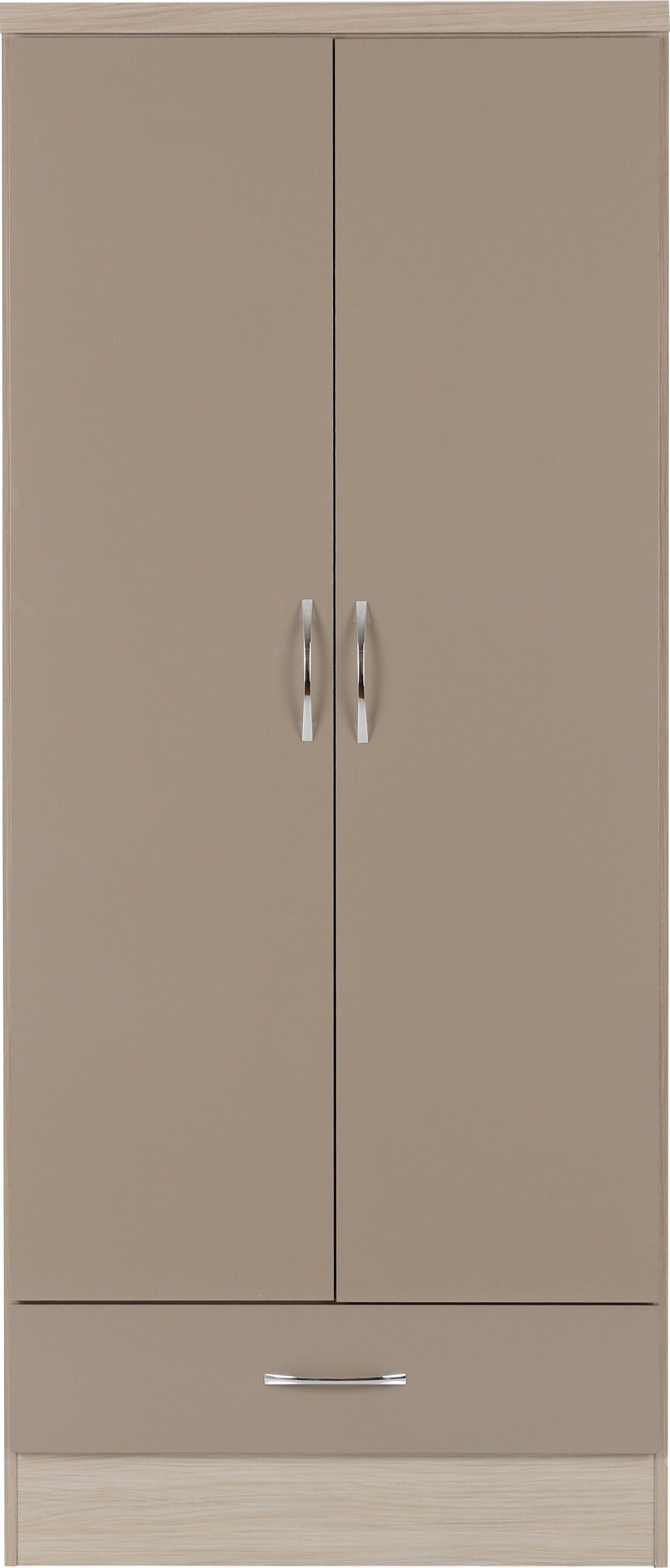 Nevada 2 Door 1 Drawer Wardrobe - Oyster Gloss/Light Oak Effect Veneer