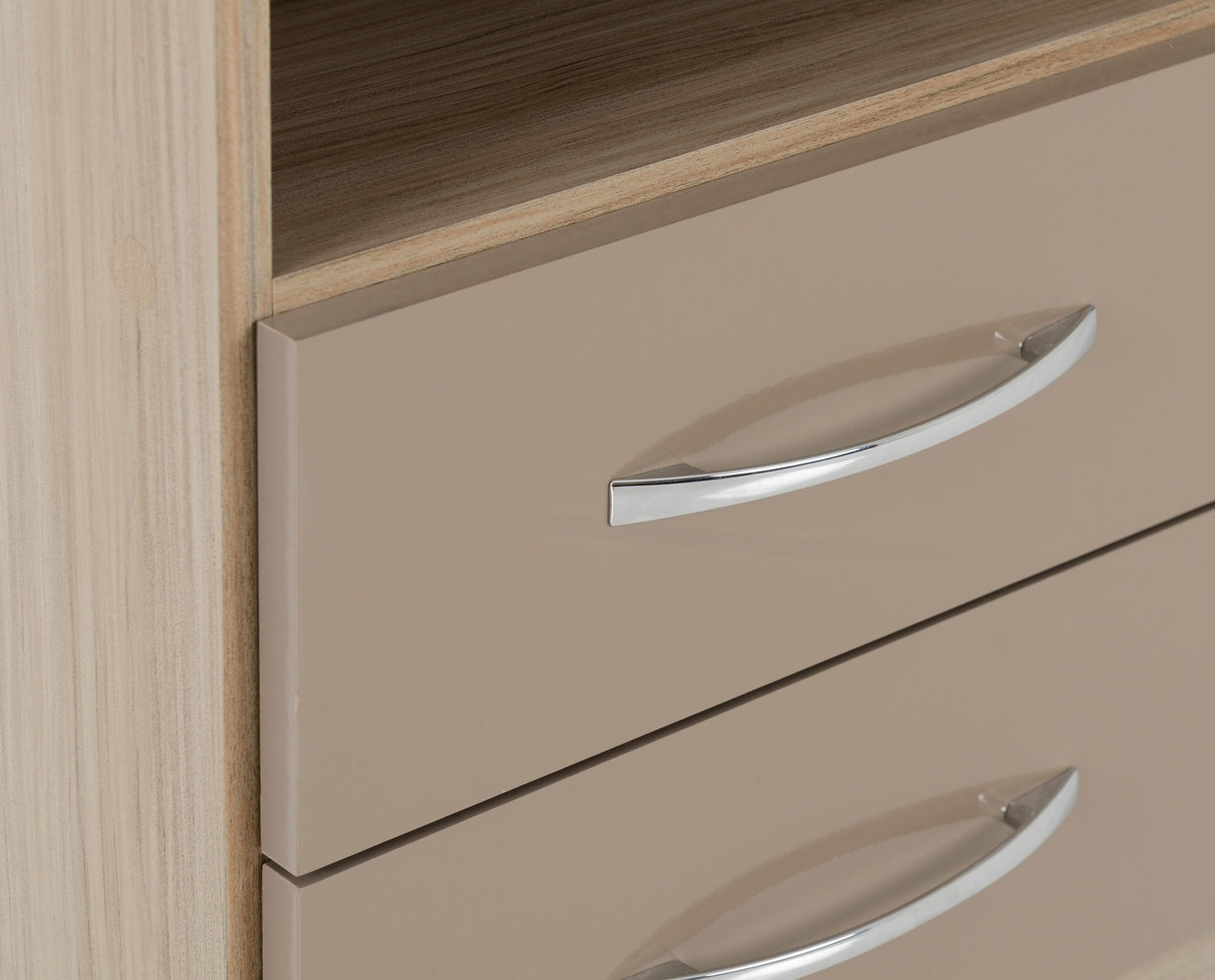 NEVADA 2 DRAWER BEDSIDE - OYSTER GLOSS/LIGHT OAK EFFECT VENEER