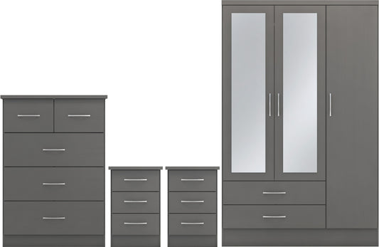 Nevada 3 Door 2 Drawer Wardrobe Bedroom Set - 3D Effect Grey