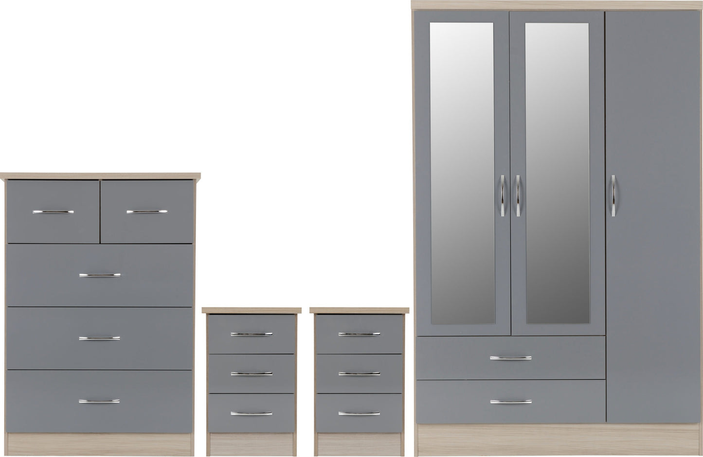 Nevada 3 Door 2 Drawer Wardrobe Bedroom Set - Grey Gloss/Light Oak Effect Veneer