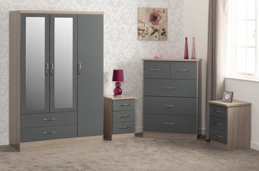 Nevada 3 Door 2 Drawer Wardrobe Bedroom Set - Grey Gloss/Light Oak Effect Veneer