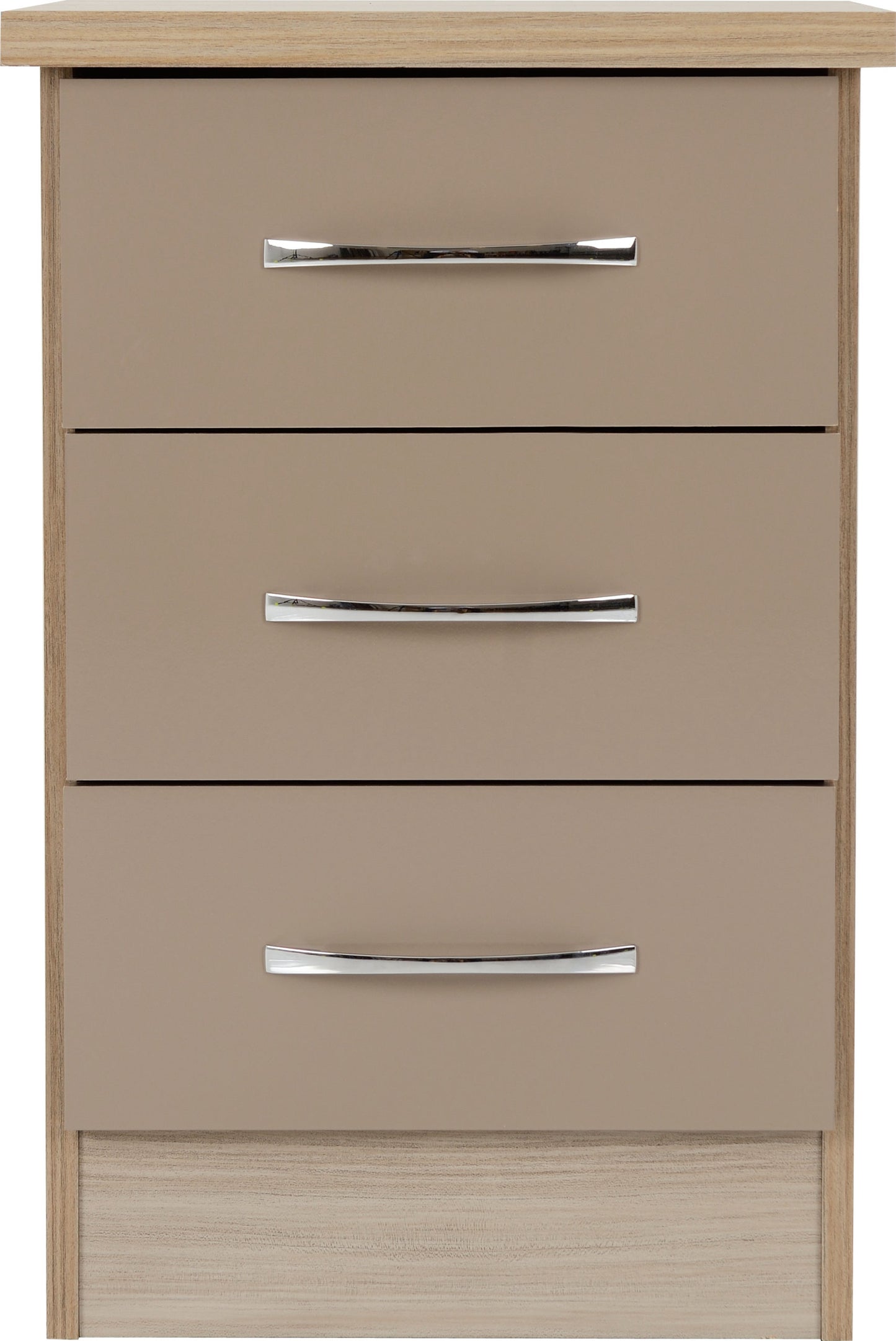 NEVADA 3 DRAWER BEDSIDE - OYSTER GLOSS/LIGHT OAK EFFECT VENEER