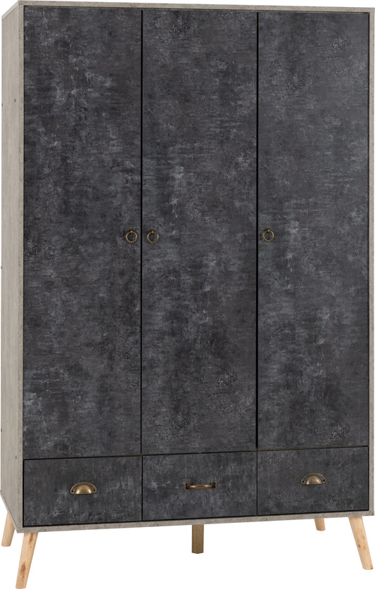 Nordic 3 Door 3 Drawer Wardrobe - Grey/Charcoal Concrete Effect