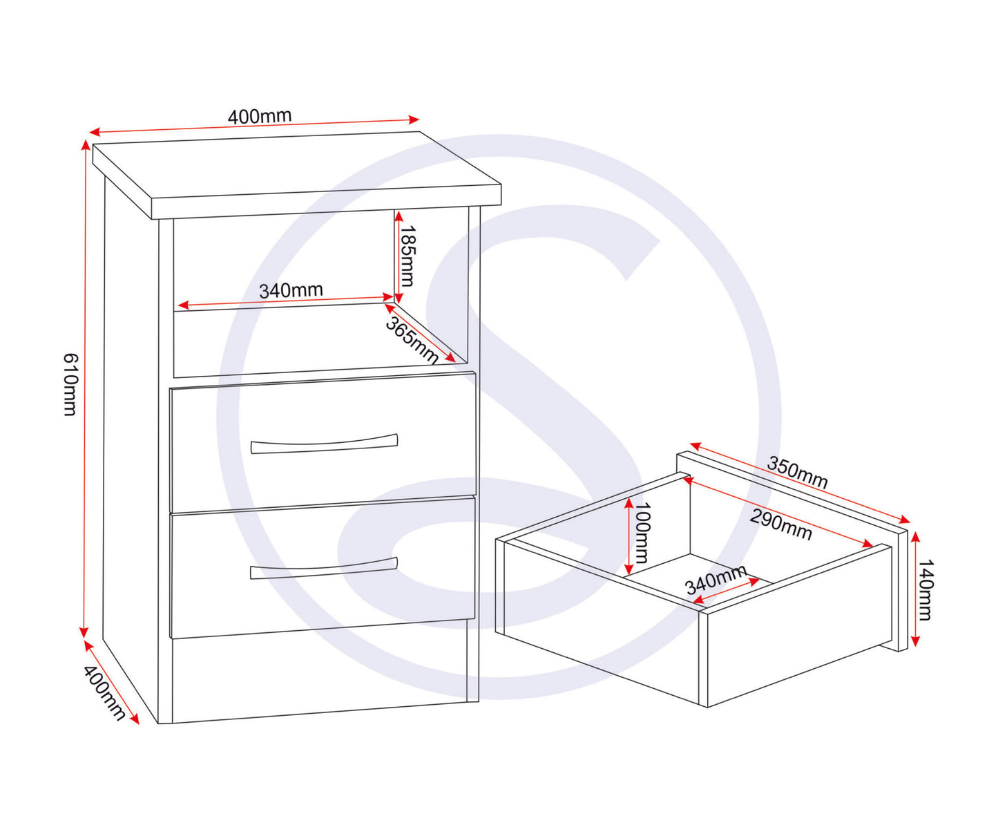 NEVADA 2 DRAWER BEDSIDE - OYSTER GLOSS/LIGHT OAK EFFECT VENEER