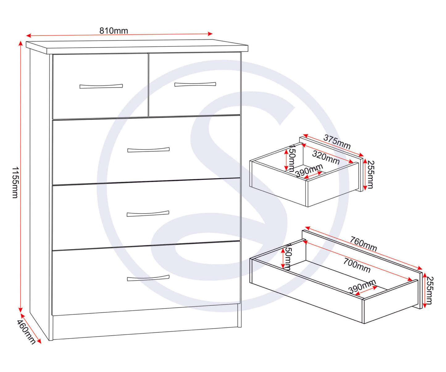 NEVADA 3+2 DRAWER CHEST - OYSTER GLOSS/LIGHT OAK EFFECT VENEER