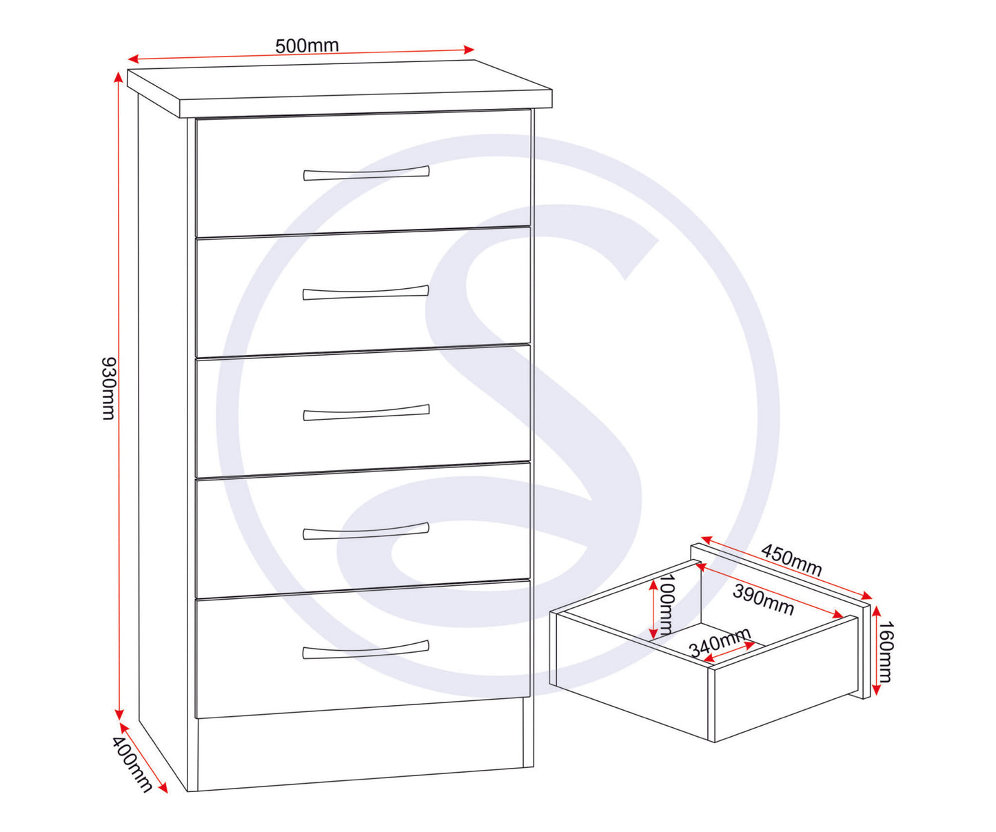 NEVADA 5 DRAWER NARROW CHEST - OYSTER GLOSS/LIGHT OAK EFFECT VENEER