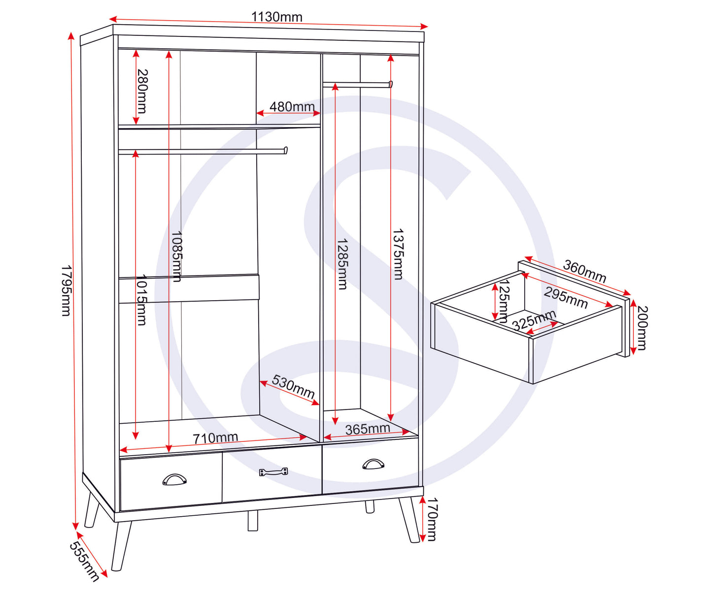 NORDIC 3 DOOR 3 DRAWER WARDROBE - GREY/CHARCOAL CONCRETE EFFECT