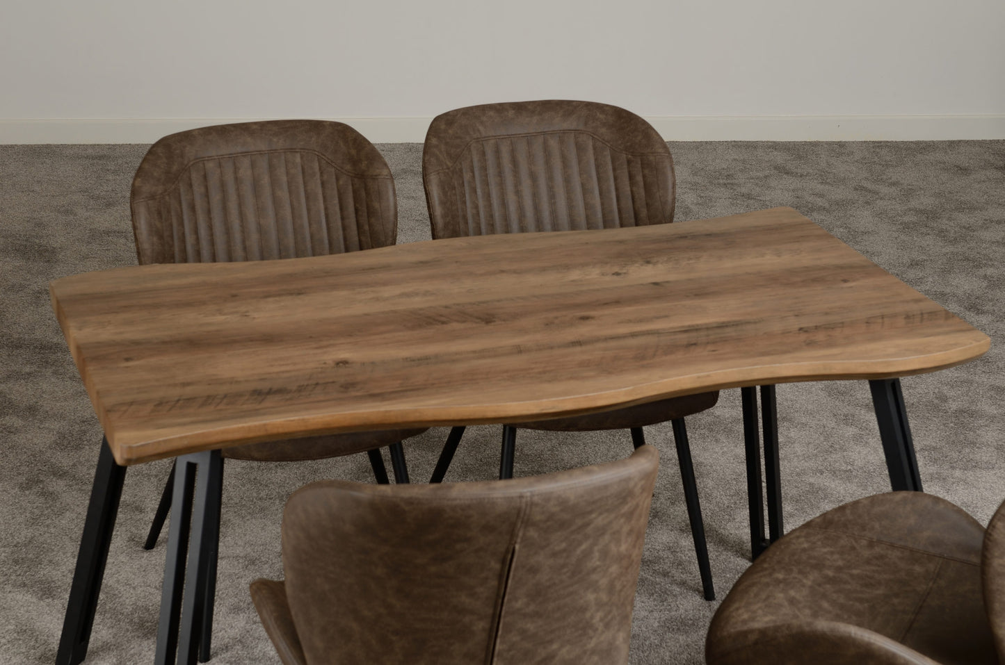 Quebec Wave Edge Dining Set (X4 Chairs) - Medium Oak Effect/Brown Pu