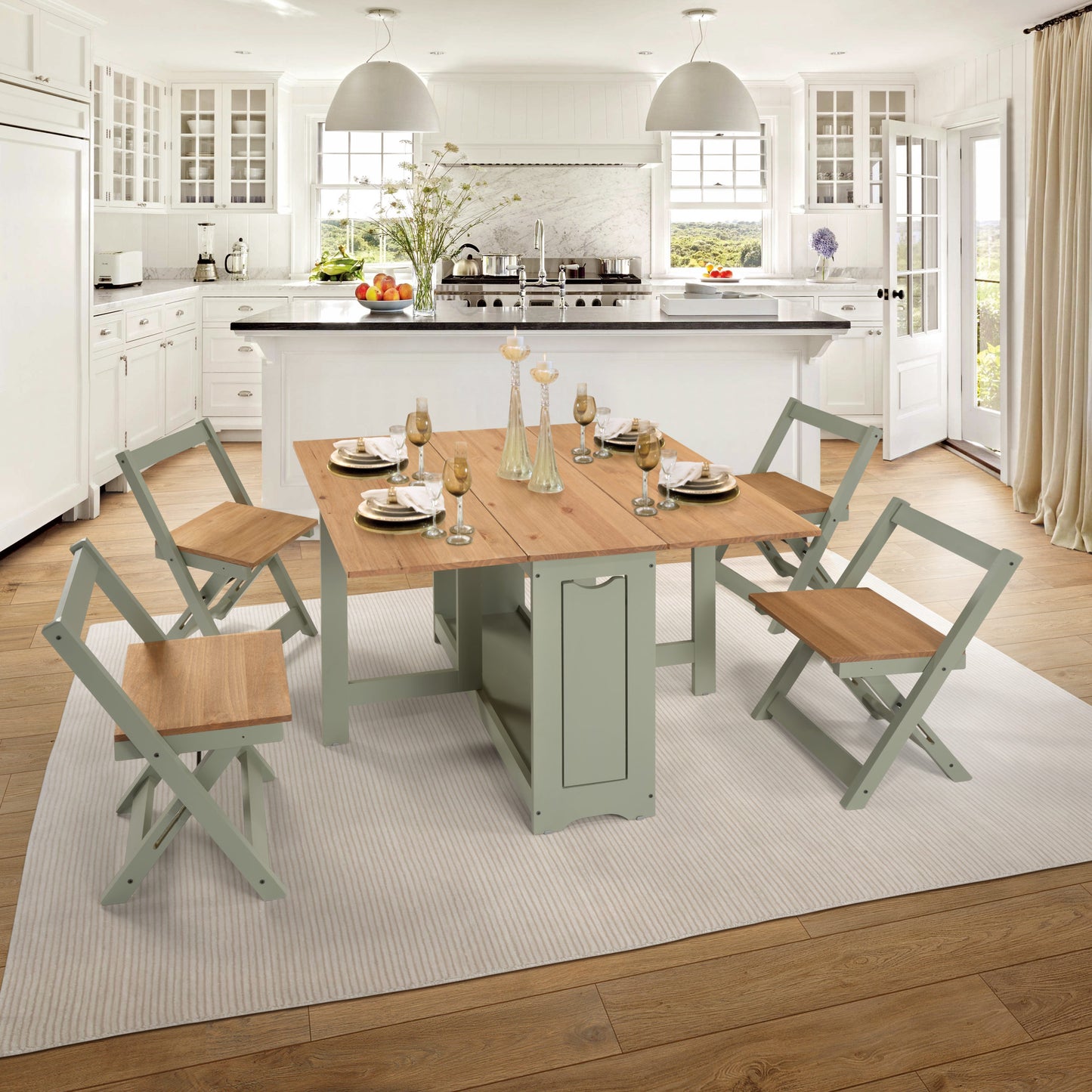 Santos Butterfly Dining Set (X4 Chairs) - Green/Distressed Waxed Pine