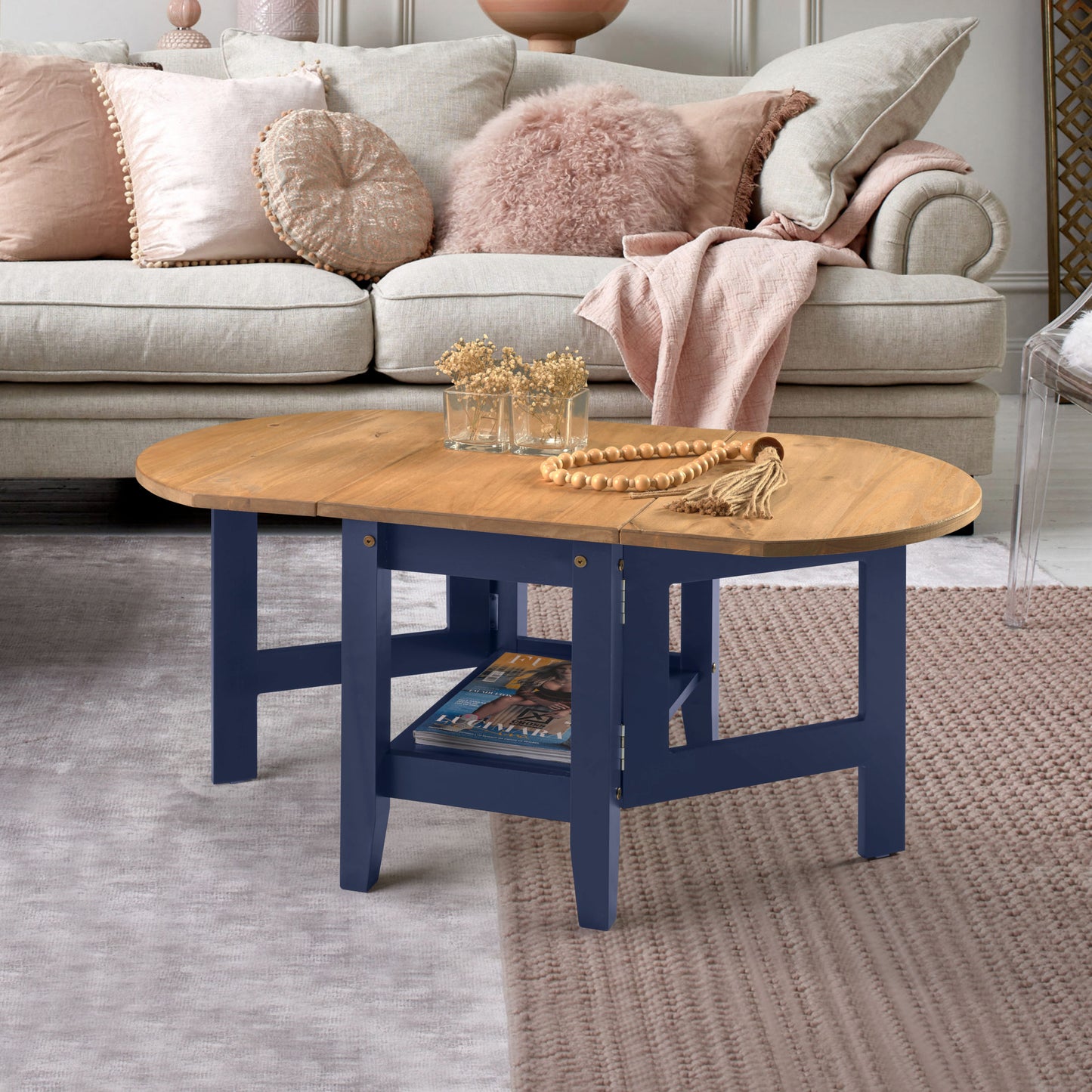 SANTOS DROP LEAF COFFEE TABLE - NAVY BLUE/DISTRESSED WAXED PINE