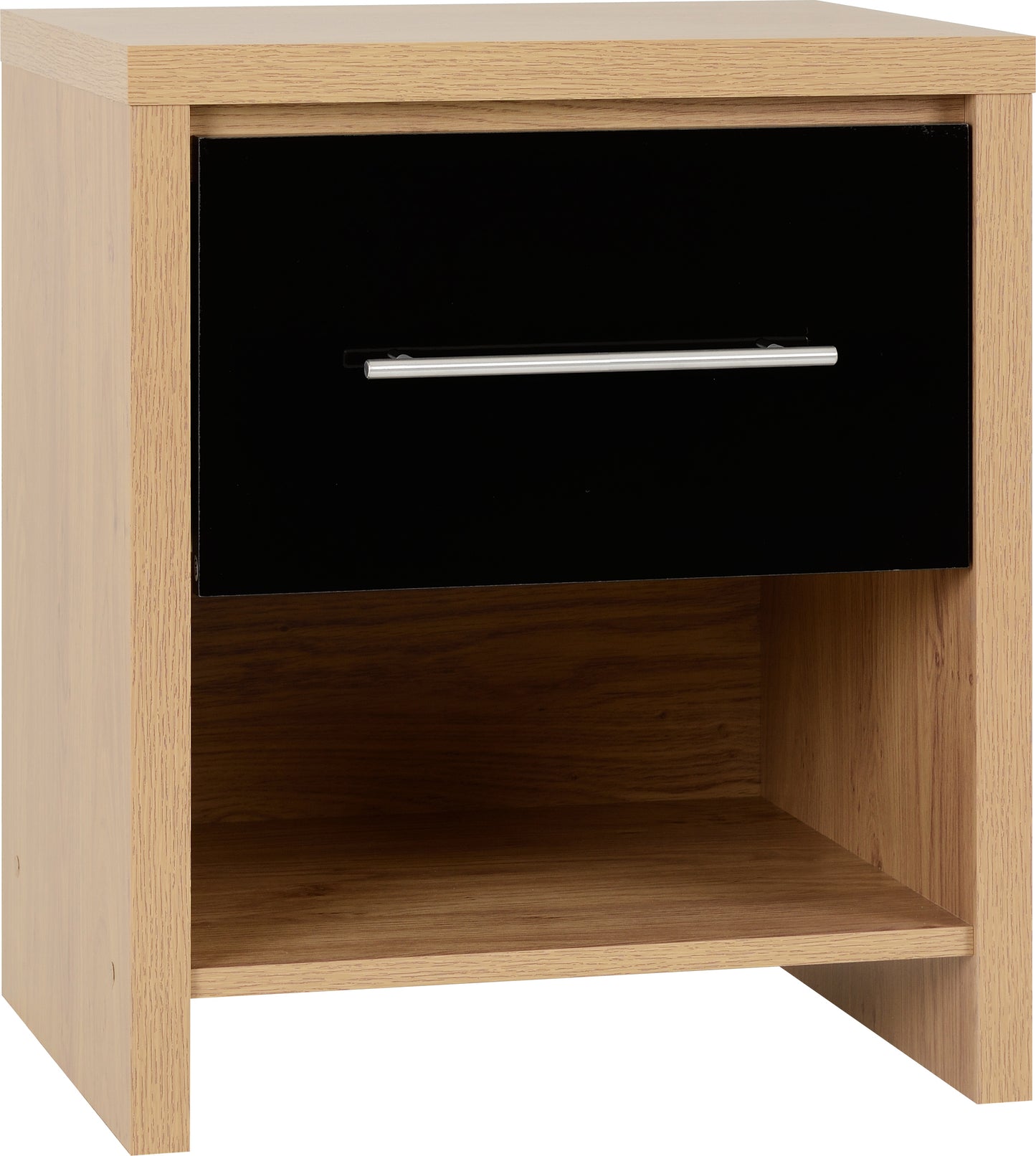 SEVILLE 1 DRAWER BEDSIDE - BLACK GLOSS/LIGHT OAK EFFECT VENEER