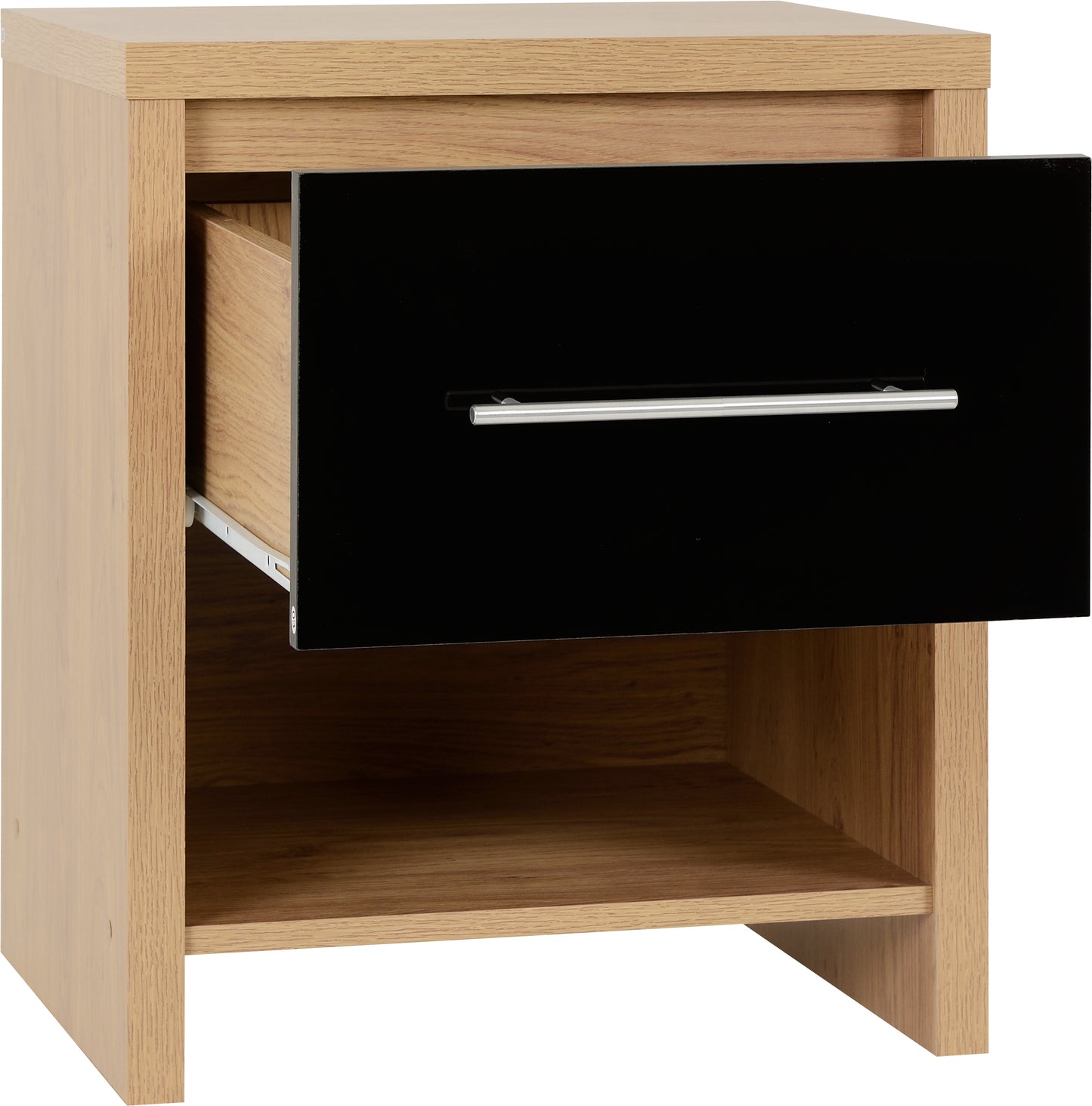 SEVILLE 1 DRAWER BEDSIDE - BLACK GLOSS/LIGHT OAK EFFECT VENEER