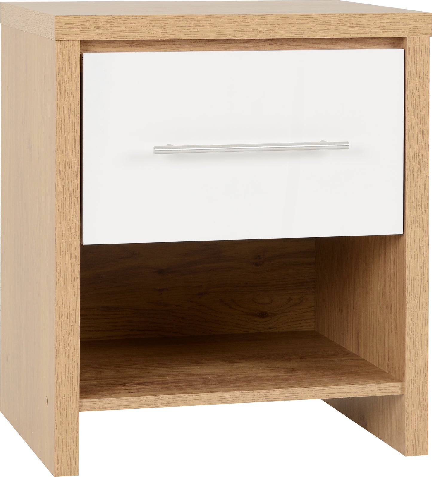 SEVILLE 1 DRAWER BEDSIDE - WHITE GLOSS/LIGHT OAK EFFECT VENEER