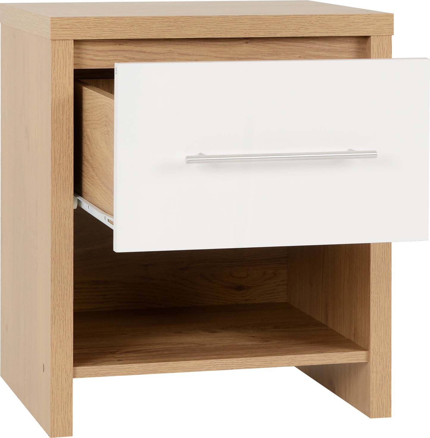SEVILLE 1 DRAWER BEDSIDE - WHITE GLOSS/LIGHT OAK EFFECT VENEER