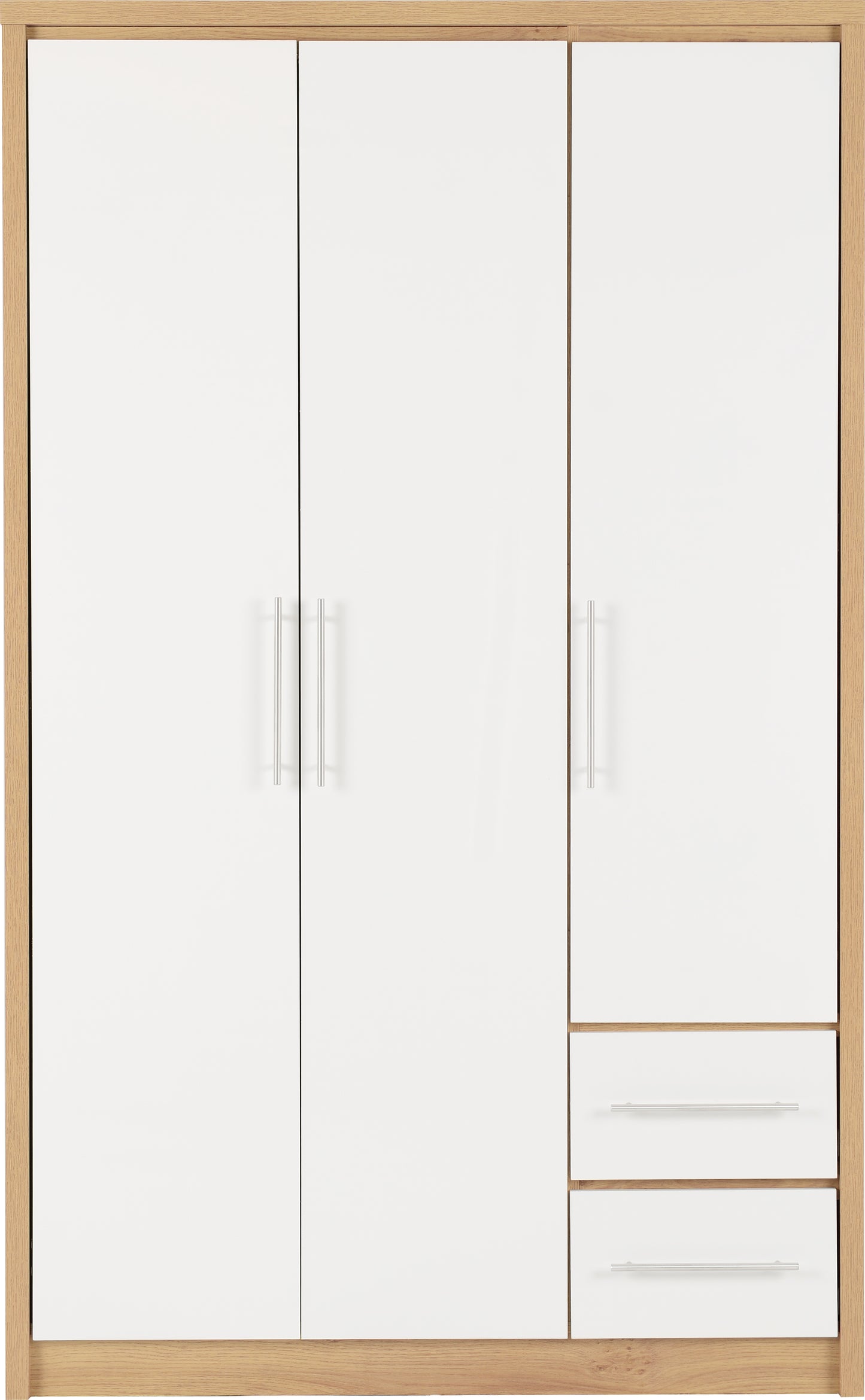 Seville 3 Door 2 Drawer Wardrobe - White Gloss/Light Oak Effect Veneer