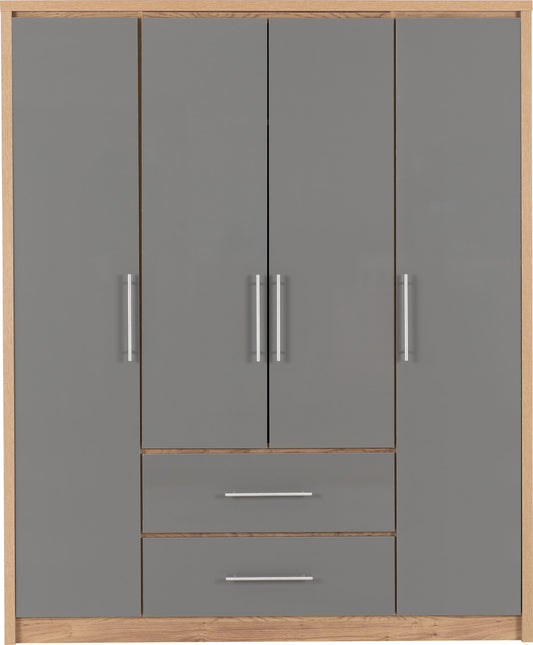 Seville 4 Door 2 Drawer Wardrobe - Grey Gloss/Light Oak Effect Veneer