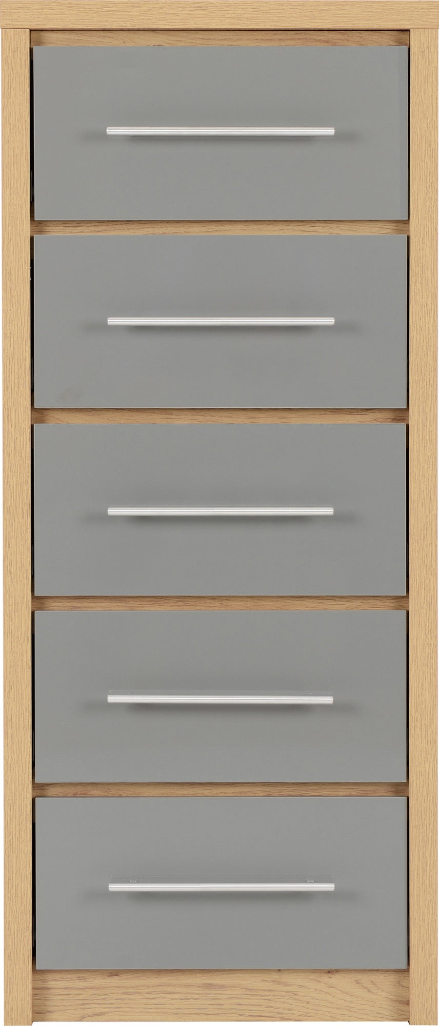 SEVILLE 5 DRAWER NARROW CHEST - GREY GLOSS/LIGHT OAK EFFECT VENEER