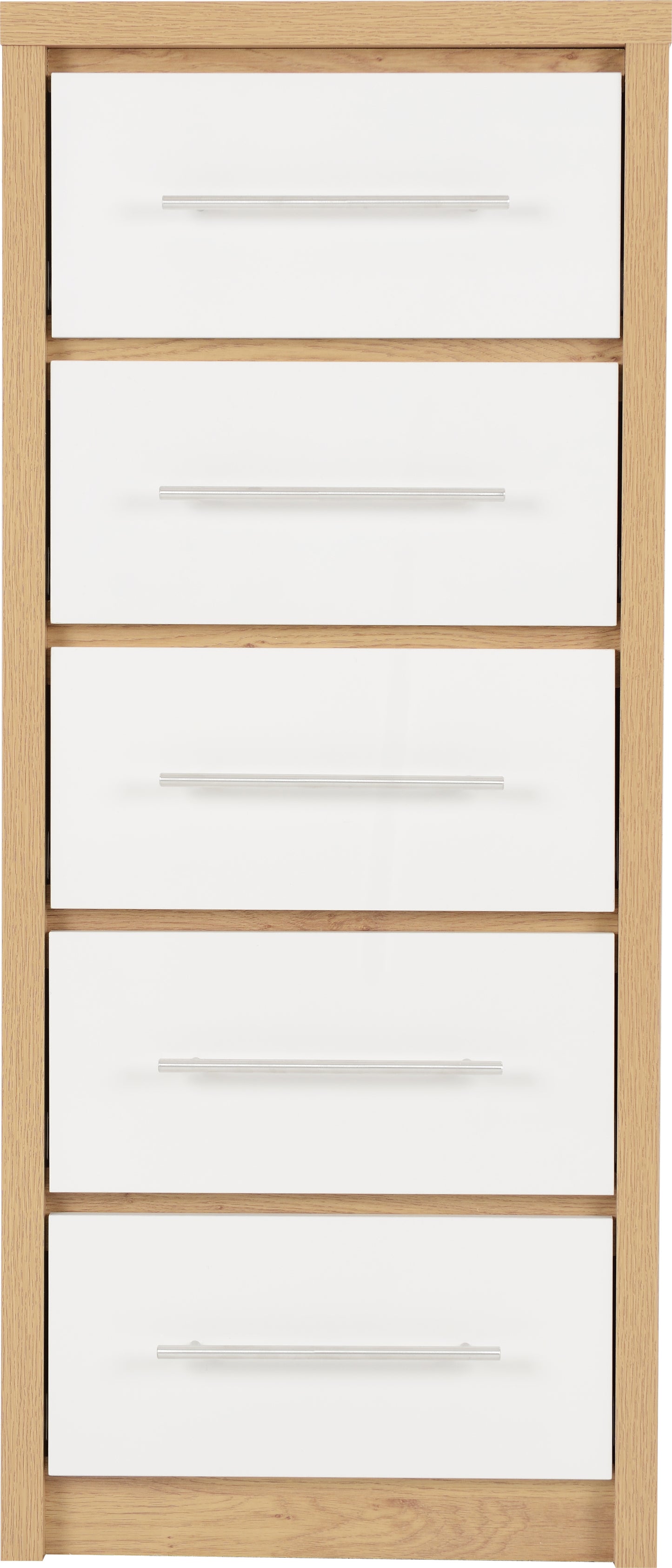 SEVILLE 5 DRAWER NARROW CHEST - WHITE GLOSS/LIGHT OAK EFFECT VENEER