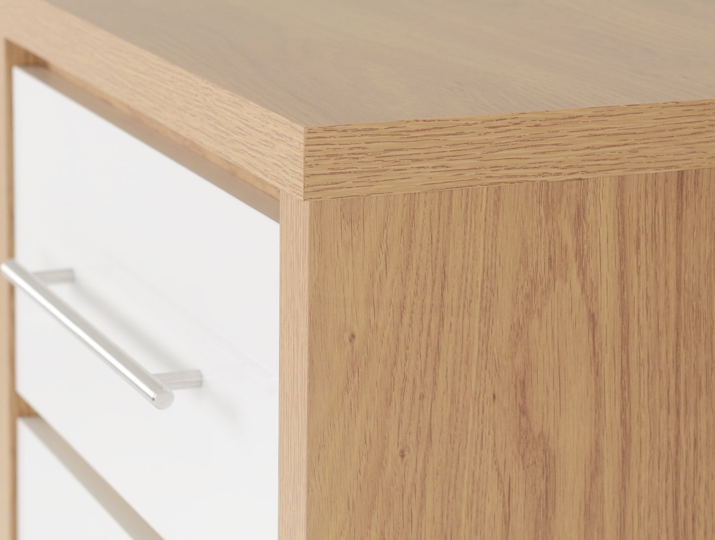 SEVILLE 5 DRAWER NARROW CHEST - WHITE GLOSS/LIGHT OAK EFFECT VENEER