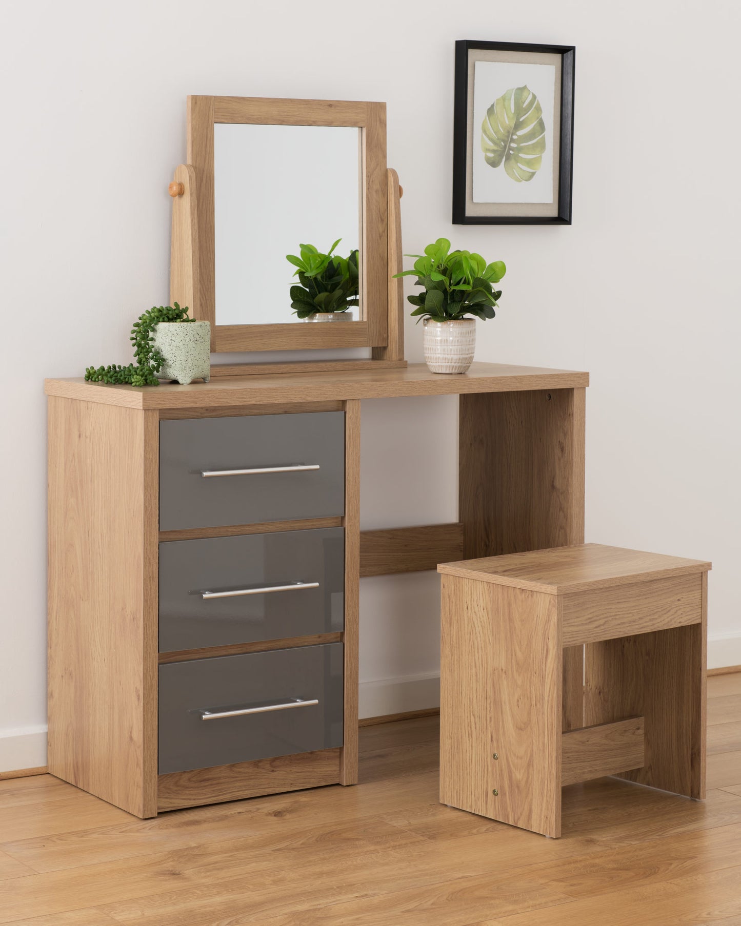 SEVILLE DRESSING TABLE SET - GREY GLOSS/LIGHT OAK EFFECT VENEER