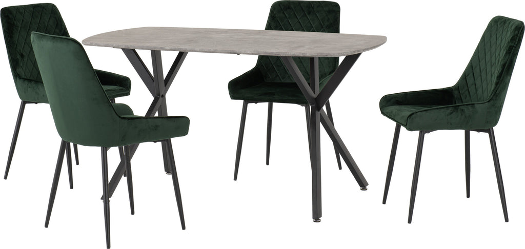 Athens Rect & Avery Dining Set (X4 Chairs) - Concrete/Emerald Green Velvet