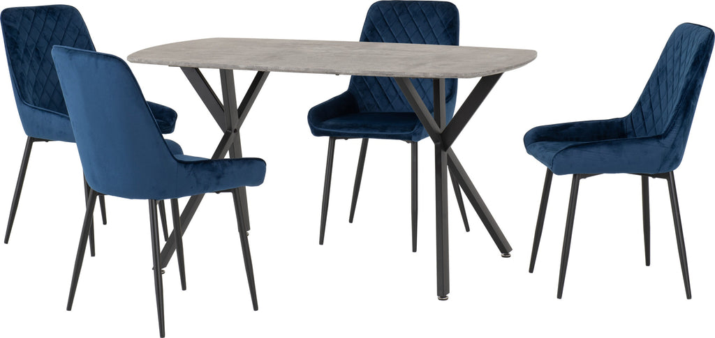 Athens Rect & Avery Dining Set (X4 Chairs) - Concrete/Sapphire Blue Velvet
