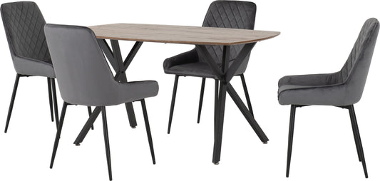 Athens Rect & Avery Dining Set (X4 Chairs) - Medium Oak Effect/Grey Velvet