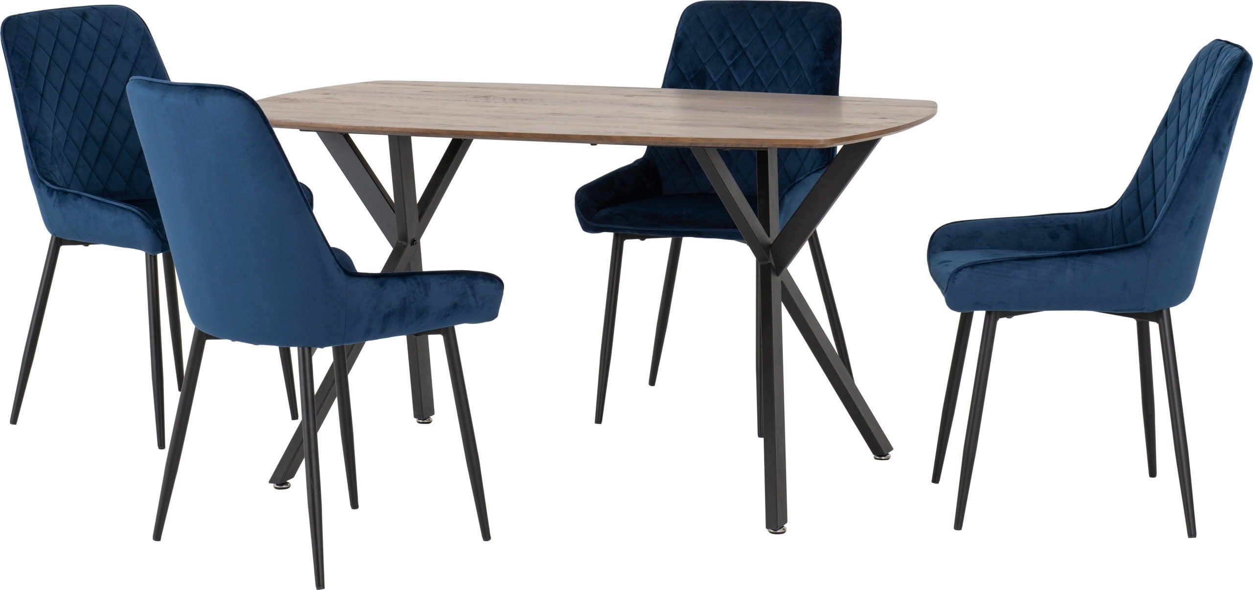 Athens Rect & Avery Dining Set (X4 Chairs) - Medium Oak Effect/Sapphire Blue Velvet