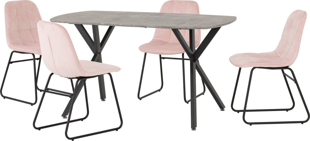 Athens Rect & Lukas Dining Set (X4 Chairs) - Concrete/Baby Pink Velvet