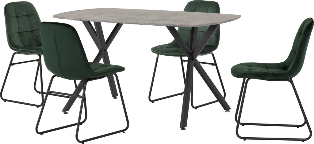 Athens Rect & Lukas Dining Set (X4 Chairs) - Concrete/Emerald Green Velvet