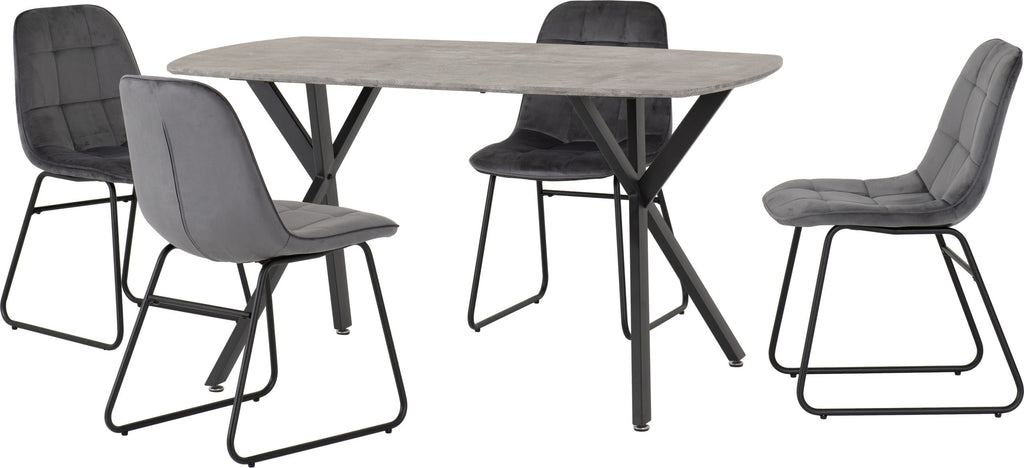 Athens Rect & Lukas Dining Set (X4 Chairs) - Concrete/Grey Velvet