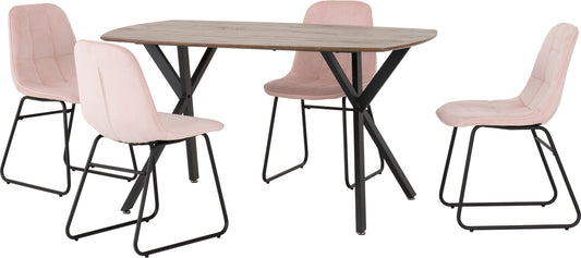 Athens Rect & Lukas Dining Set (X4 Chairs) - Medium Oak Effect/Baby Pink Velvet
