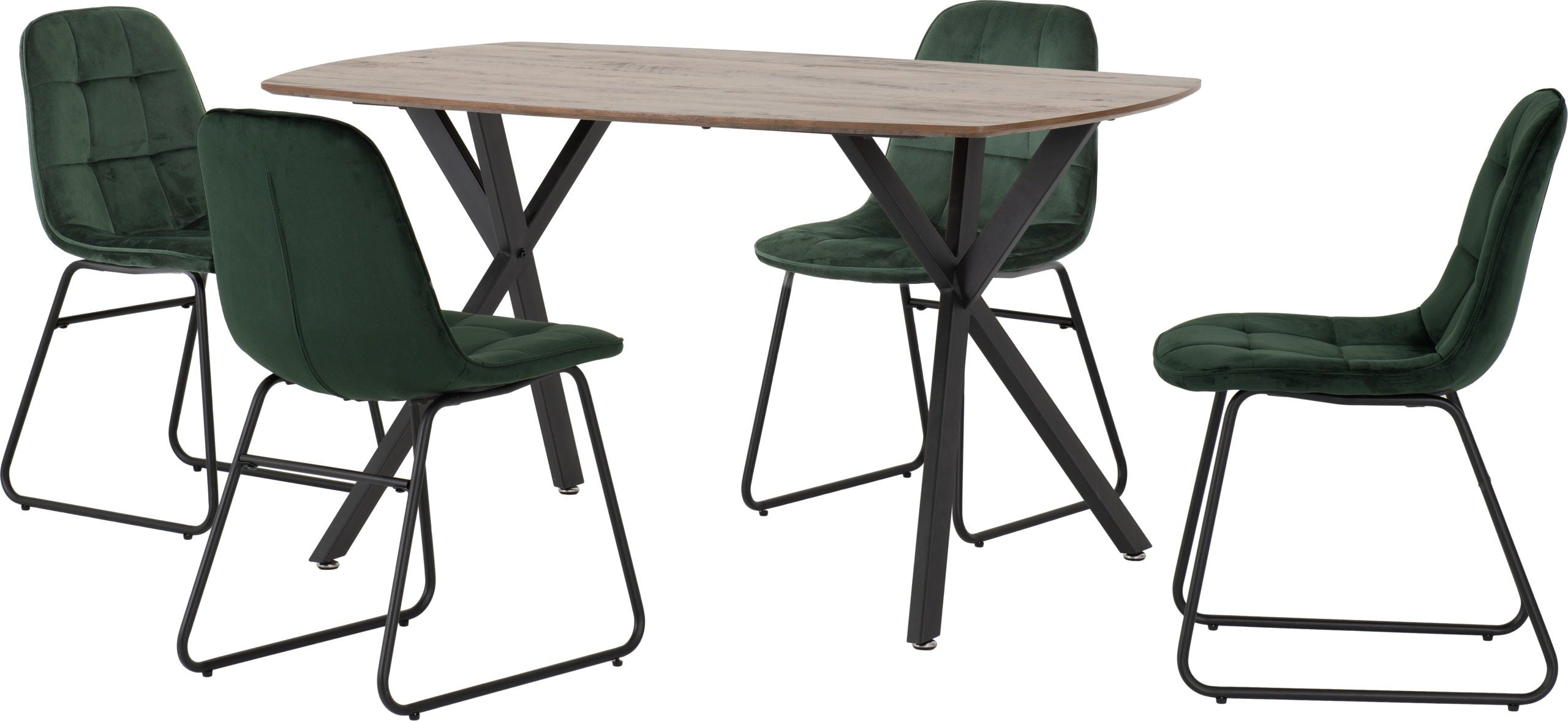 Athens Rect & Lukas Dining Set (X4 Chairs) - Medium Oak Effect/Emerald Green Velvet