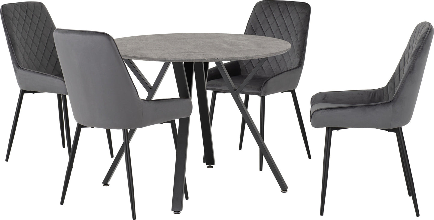 Athens Round & Avery Dining Set (X4 Chairs) - Concrete/Grey Velvet