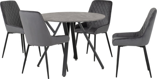 Athens Round & Avery Dining Set (X4 Chairs) - Concrete/Grey Velvet
