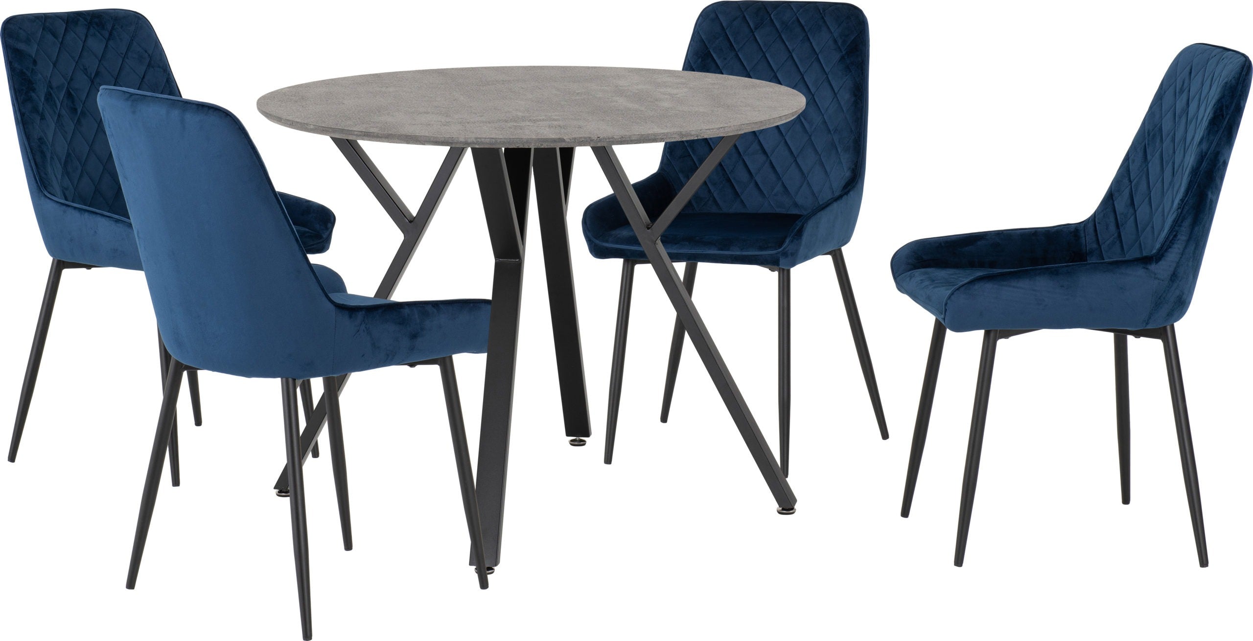 Athens Round & Avery Dining Set (X4 Chairs) - Concrete/Sapphire Blue Velvet