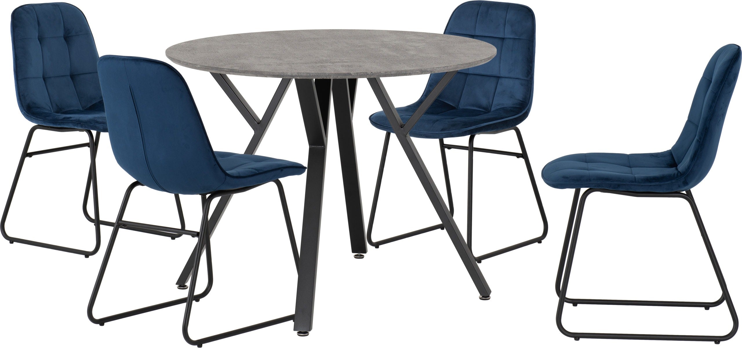 Athens Round & Lukas Dining Set (X4 Chairs) - Concrete/Sapphire Blue Velvet