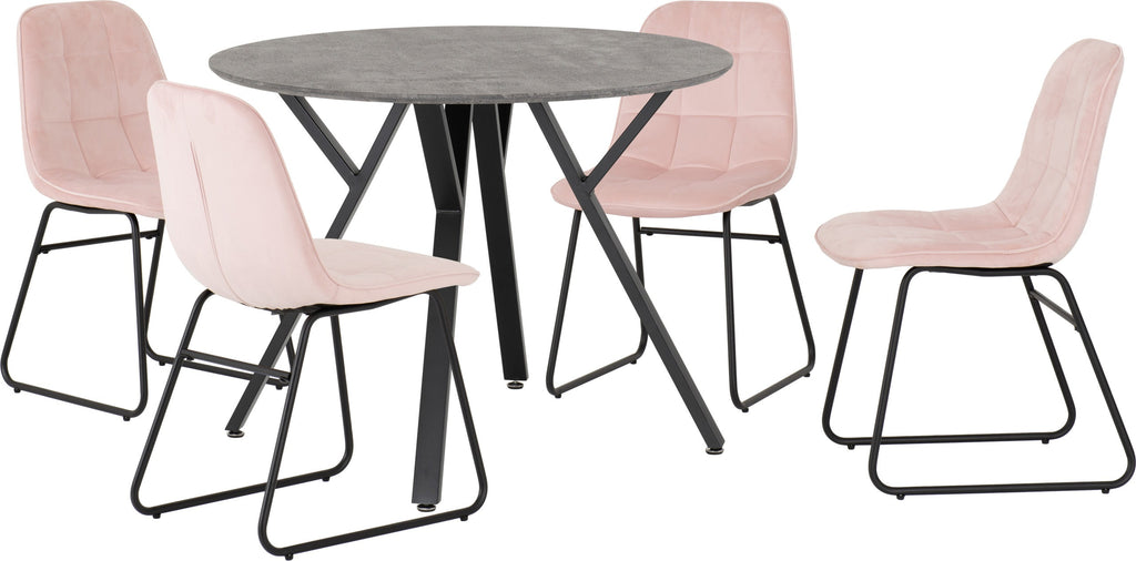 Athens Round & Lukas Dining Set (X4 Chairs) - Concrete/Baby Pink Velvet